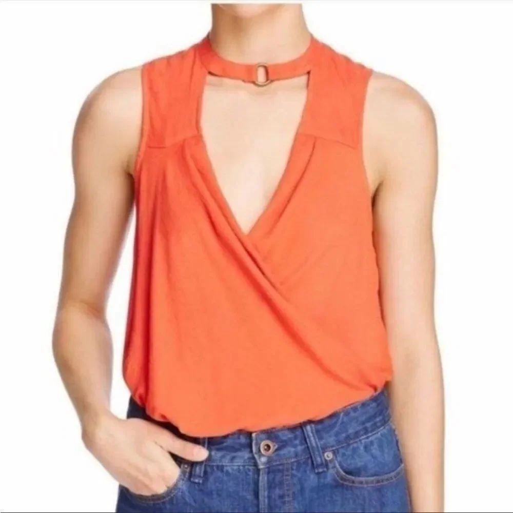 FREE PEOPLE | So Fine Orange Faux Wrap Sleeveless Choker Top Women’s Size Small